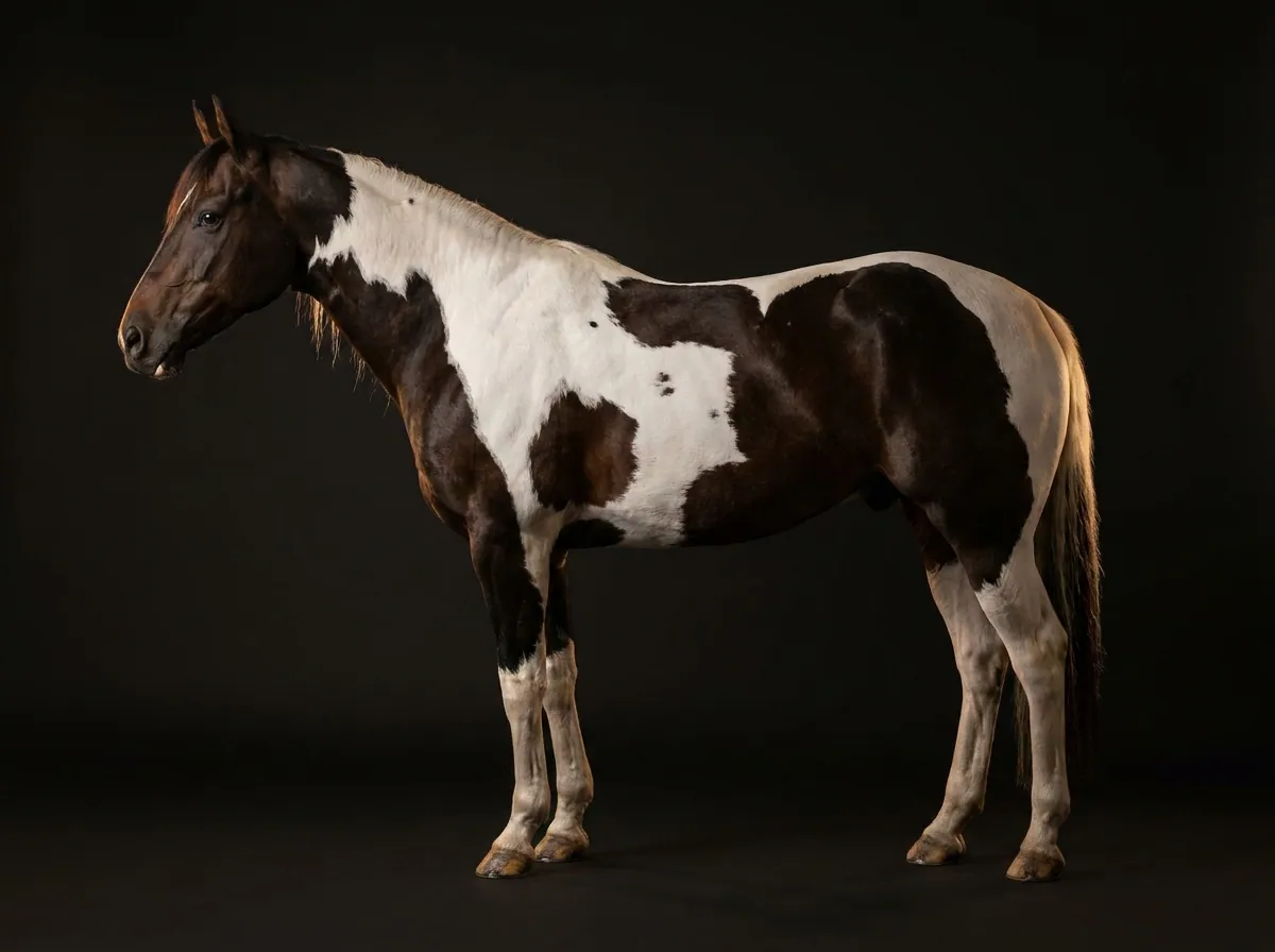 American Paint Horse im Profil vor dunklem Grund